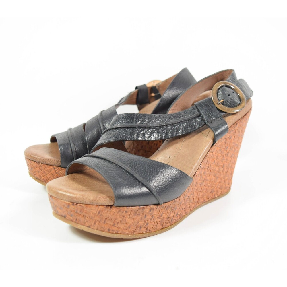 Naya Estra Black Leather Woven Straw Like Wedge Sandals Heels Sz 6M